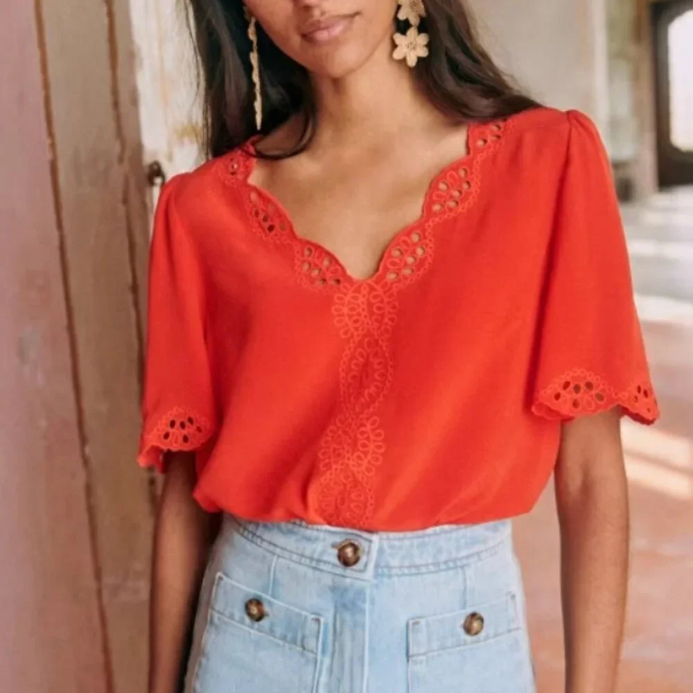NWT Sezane Francia Silk Blouse Top Sz36/US4 Coral Orange Red French